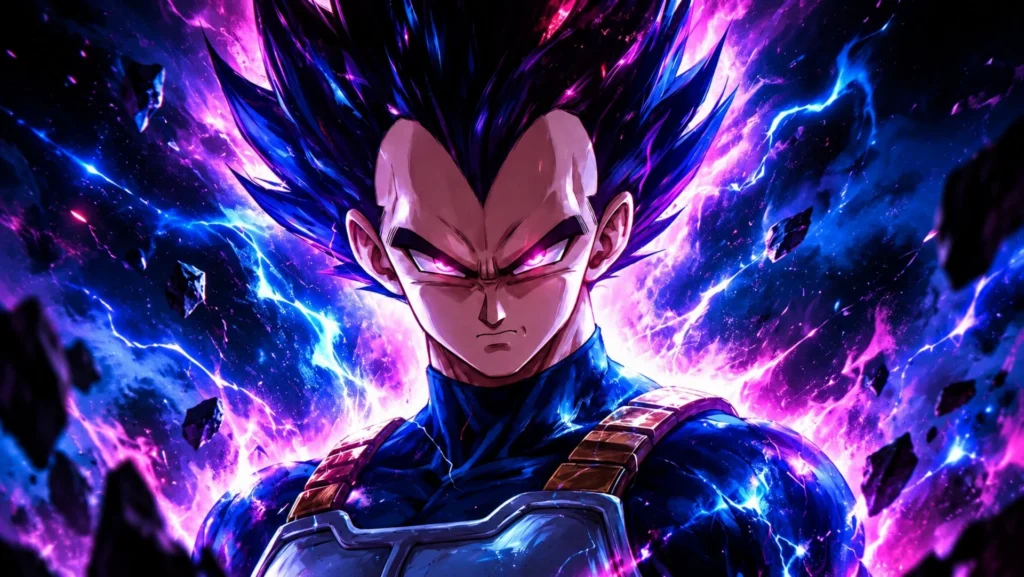Vegeta stands with a stern expression surrounded by a glowing purple energy aura in this Full HD desktop wallpaper.