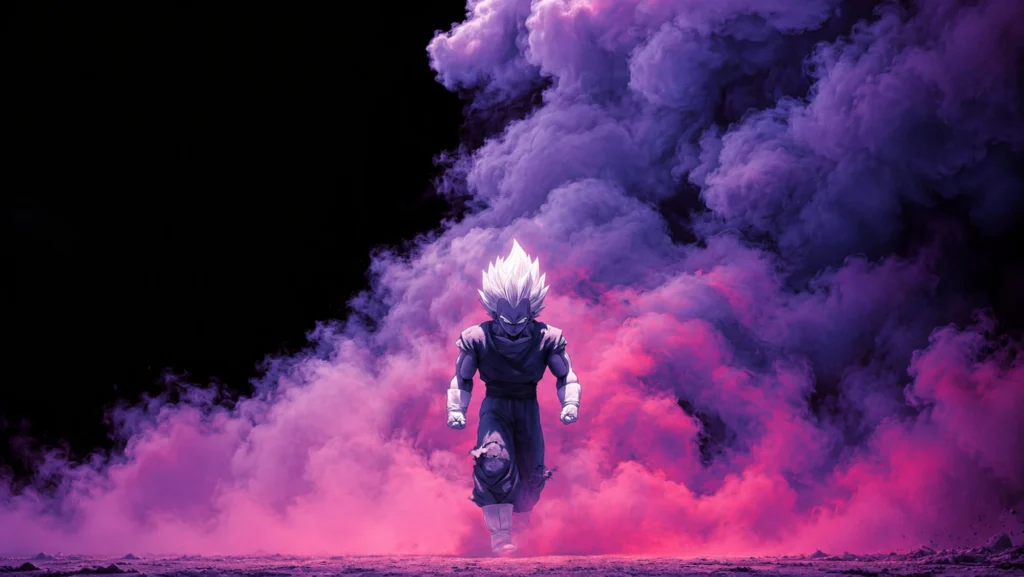 Vegeta stands calmly amidst thick, swirling purple smoke in this 8K UHD desktop wallpaper.