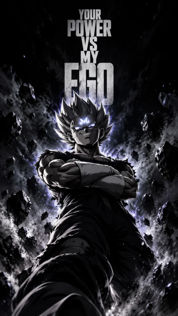 Majin Vegeta stands with his arms crossed amidst floating debris in this 4K UHD mobile phone wallpaper.