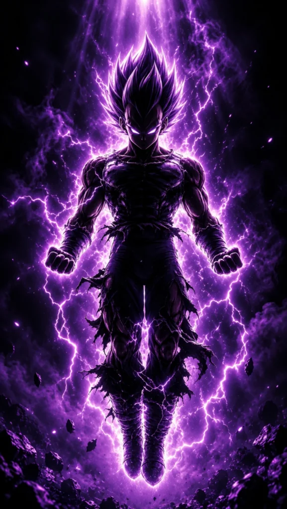 Vegeta stands in a powerful stance surrounded by intense purple electrical energy as a 4K UHD phone wallpaper.
