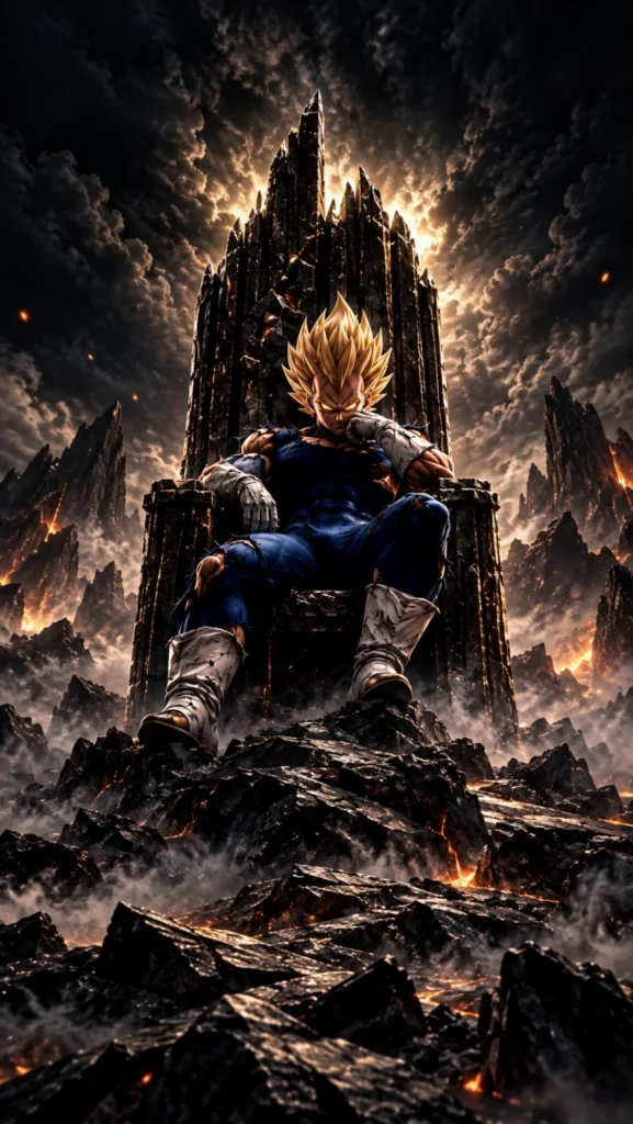 Vegeta sits on a dark stone throne amidst a rocky, volcanic landscape in this Full HD phone wallpaper.