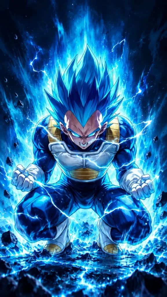 Vegeta in his Super Saiyan Blue form crouches while surrounded by intense blue lightning as a Full HD mobile phone wallpaper.