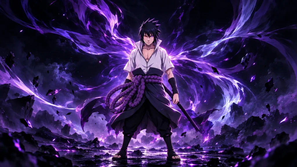 Sasuke Uchiha stands in a dark, rocky landscape surrounded by intense purple energy as a 8K UHD desktop wallpaper.