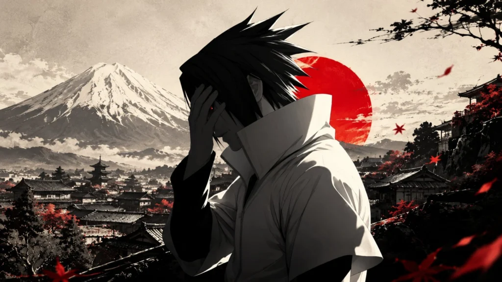 Sasuke Uchiha poses with his hand covering his face in front of a giant red sun and Mount Fuji on this HD desktop wallpaper.