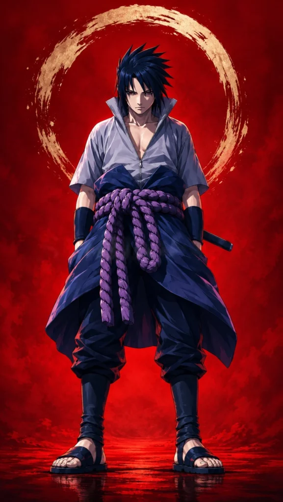 Sasuke Uchiha stands centered against a deep red background with a glowing gold circular motif, featured as a Full HD mobile phone wallpaper.