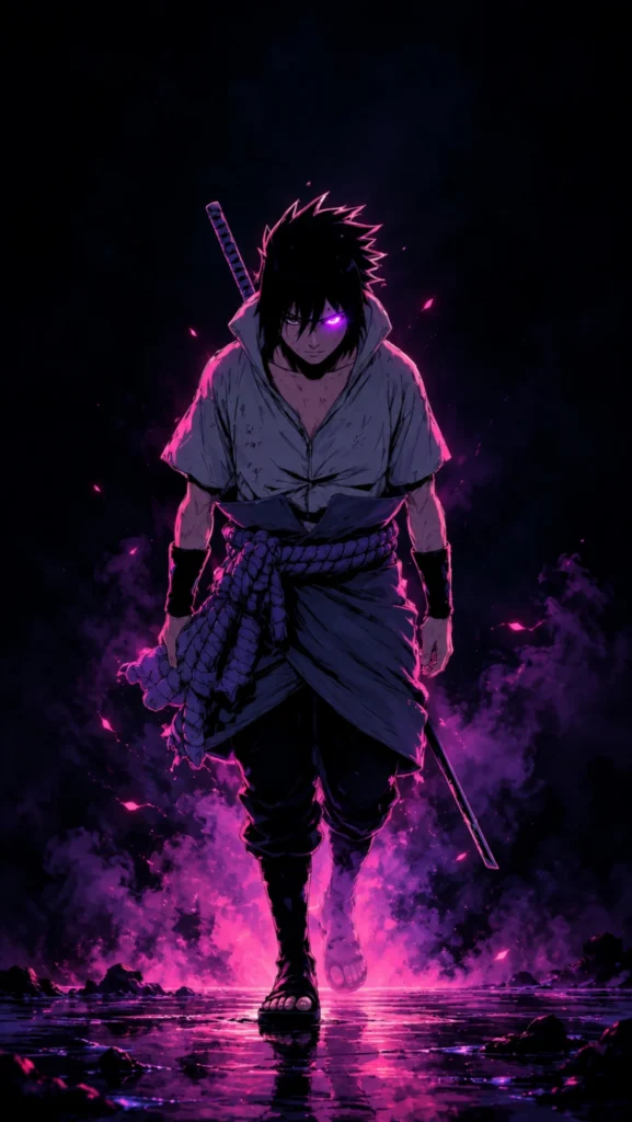 Sasuke Uchiha standing amidst a glowing purple aura in this 8K UHD mobile phone wallpaper.