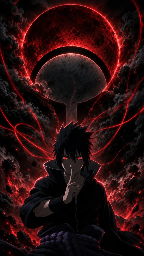 Sasuke Uchiha makes a shush gesture in front of a giant red Uchiha clan symbol, displayed as a 4K UHD mobile phone wallpaper.