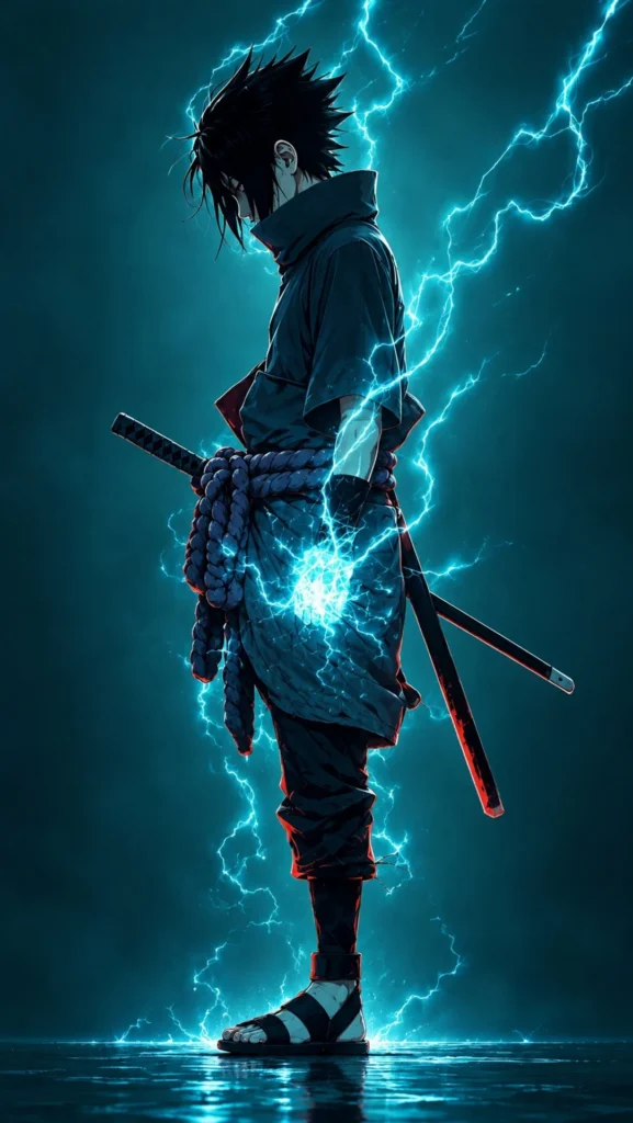Sasuke Uchiha stands with a glowing blue Chidori in his hand surrounded by lightning bolts on this Full HD mobile phone wallpaper.